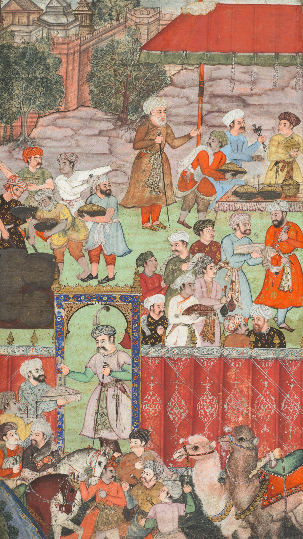 'In this scene, Babur stands as a visitor bows before him. Courtiers and attendants wear daggers in their sashes that provide a record of courtly fashions and accessories of the time.' (Met Museum)