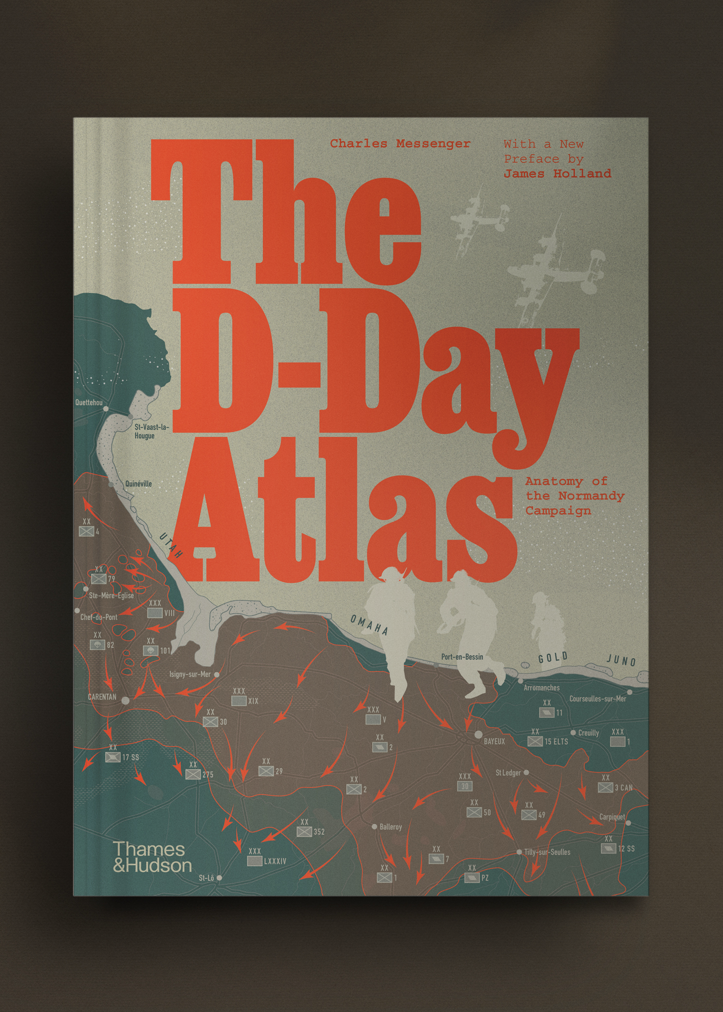 Cover of "The D-Day Atlas" features bold red text over a map of Normandy with troop movements. Silhouettes of soldiers and planes add wartime context.