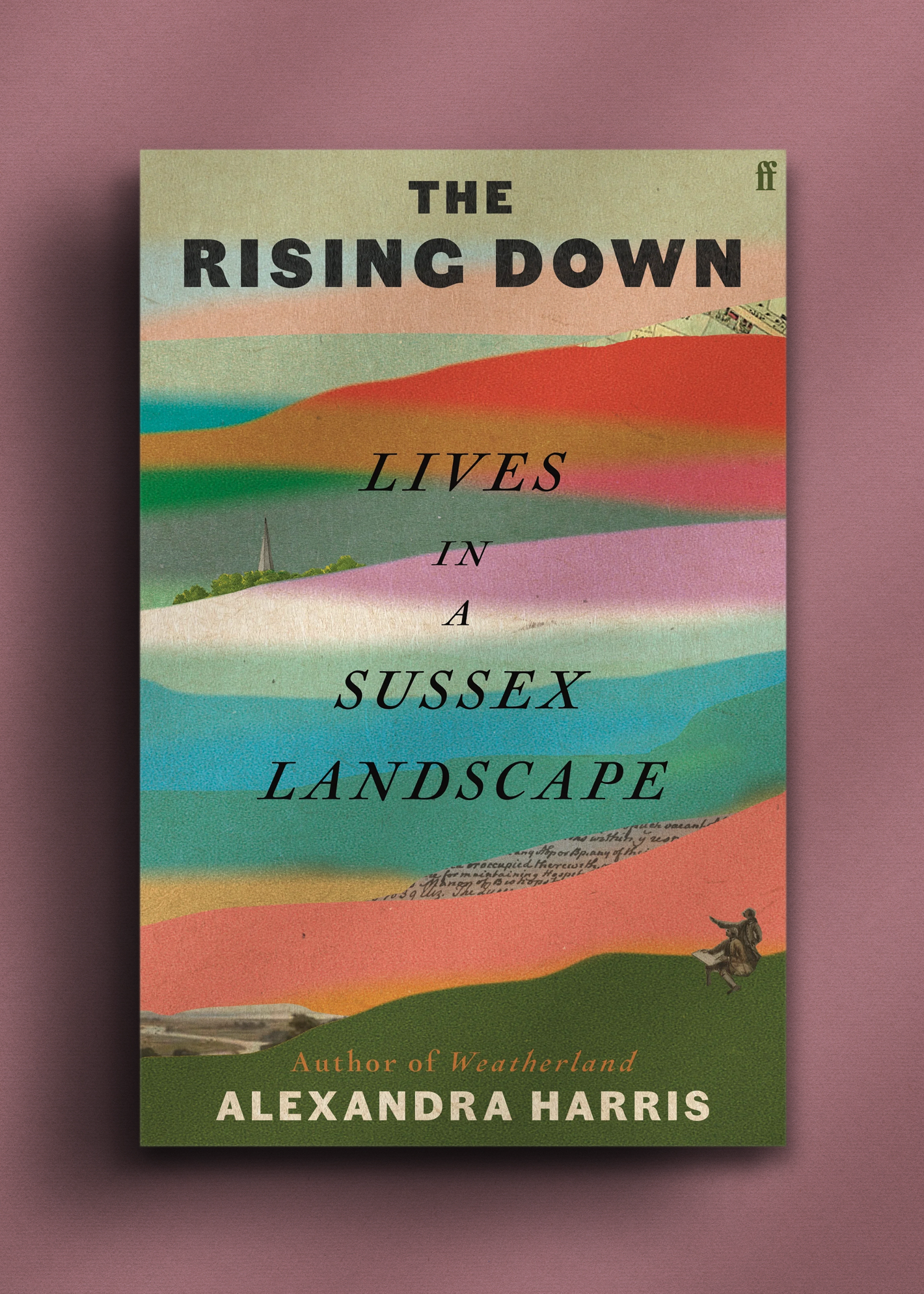 Cover of "The Rising Down" by Alexandra Harris. Features a colourful, abstract landscape with vibrant stripes suggesting the sky or rolling hills.
