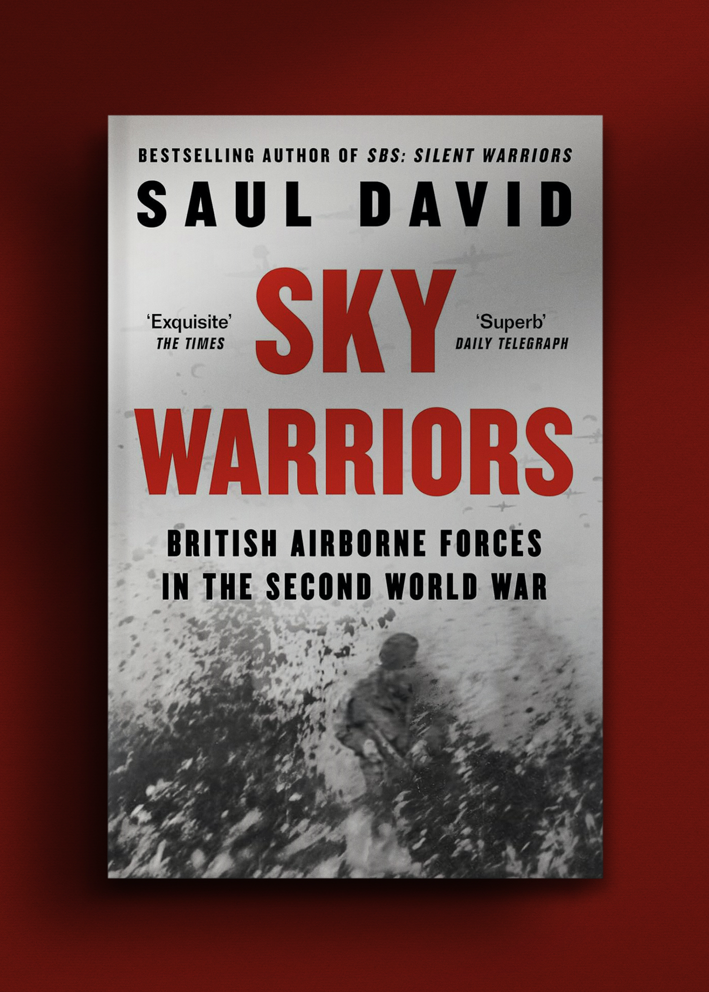 Book cover titled "Sky Warriors" by Saul David against a red backdrop. Features a black-and-white photo of a soldier in action in WW2.