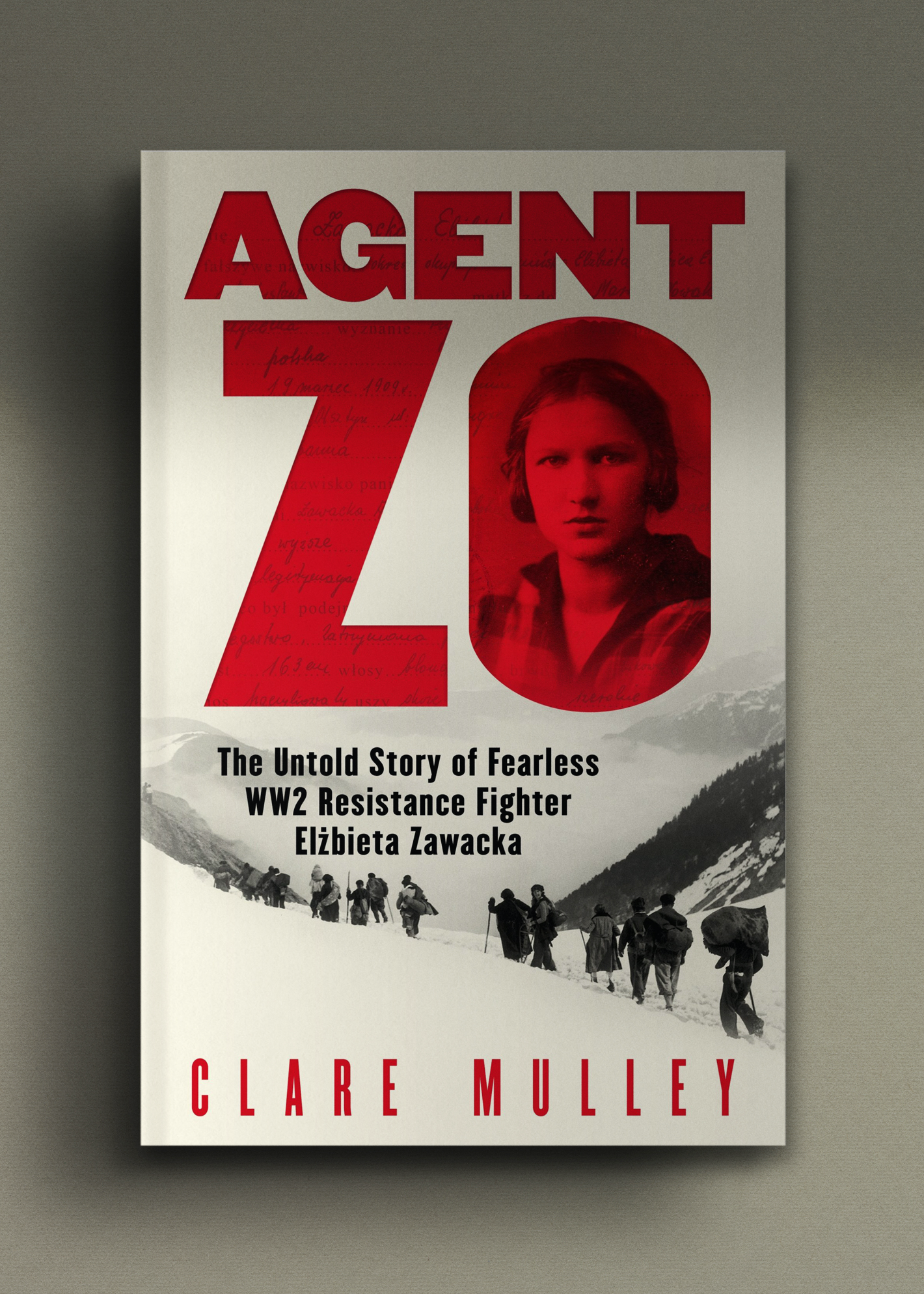 Book cover for "Agent Zo" by Clare Mulley. Features a red-tinted portrait of a woman inside the letter 'O', snowy mountain trail, and hikers.